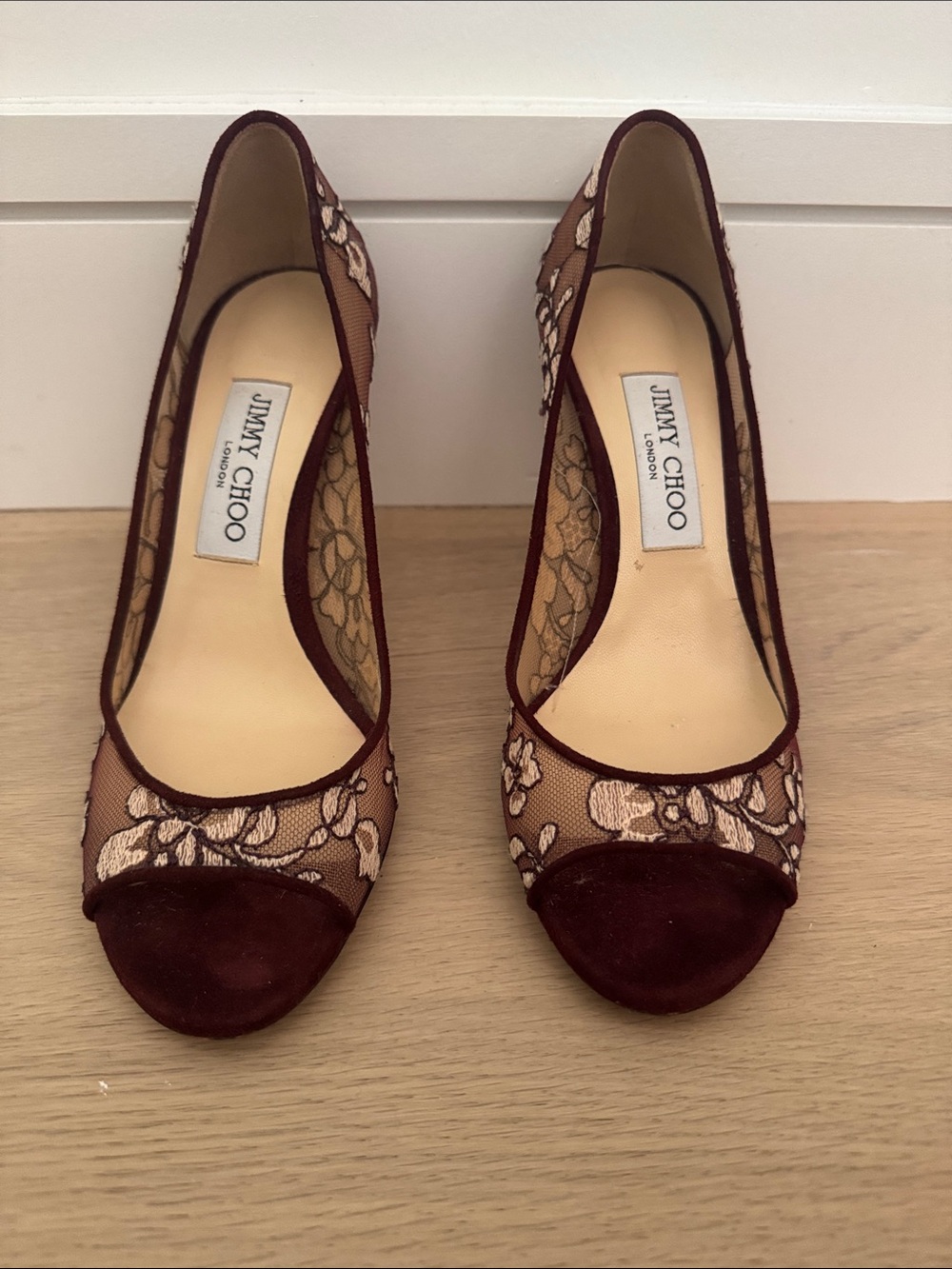 Jimmy Choo Burgundy and Blush Lace Peep-Toe Pumps. Size 38